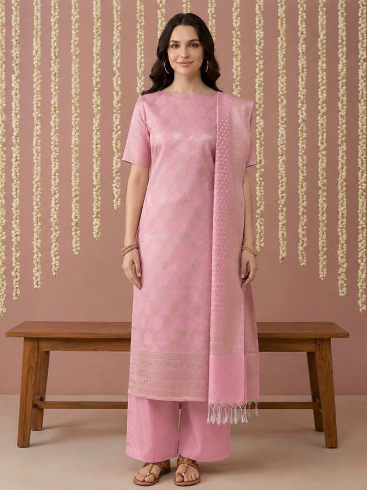 Pink Chanderi Woven Design Unstitched Dress Material