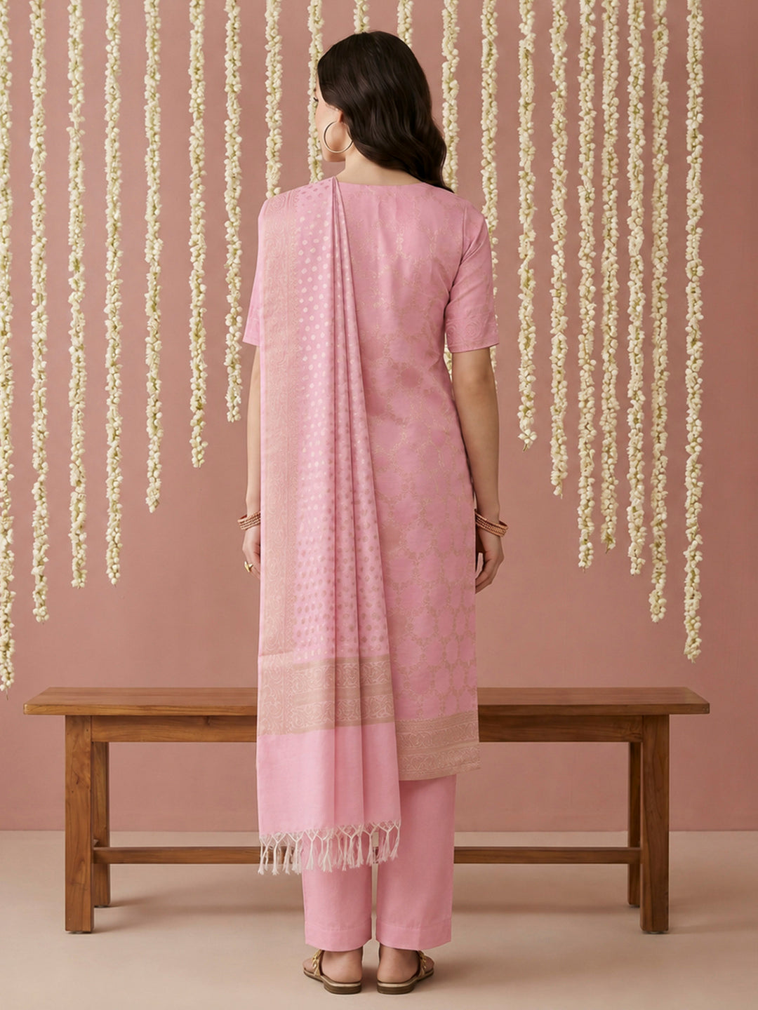 Pink Chanderi Woven Design Unstitched Dress Material