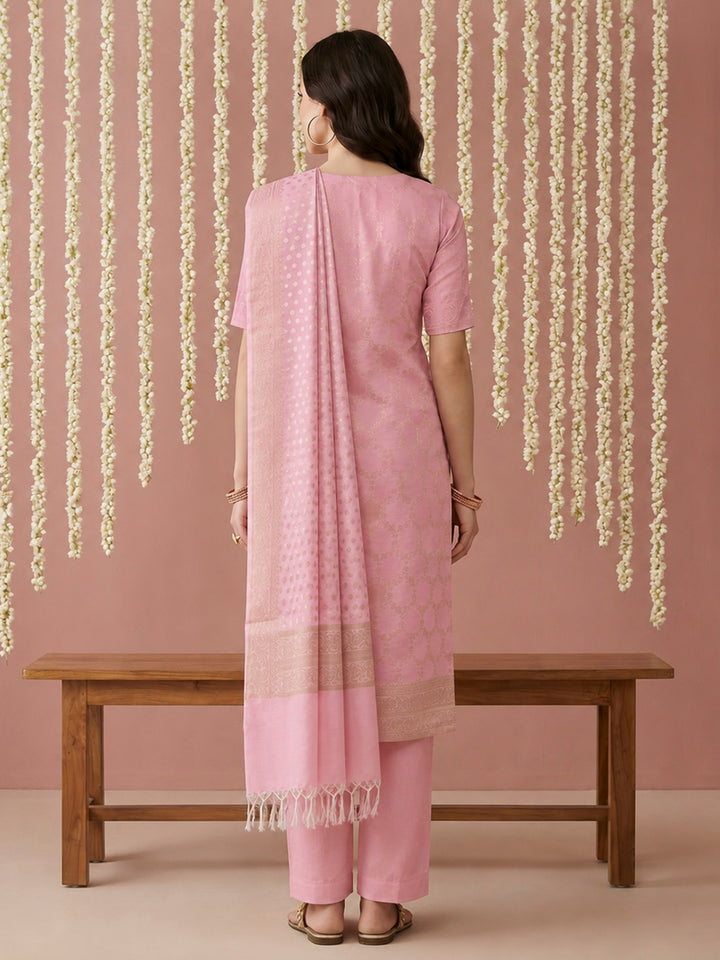 Pink Chanderi Woven Design Unstitched Dress Material