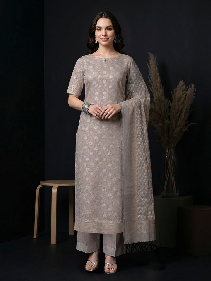 Grey Chanderi Woven Design Unstitched Dress Material