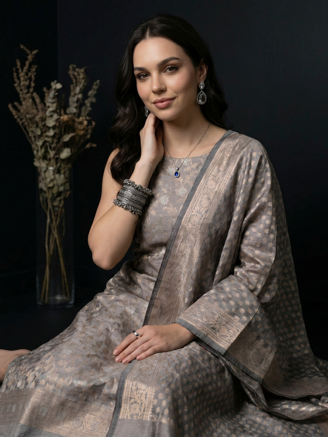 Grey Chanderi Woven Design Unstitched Dress Material