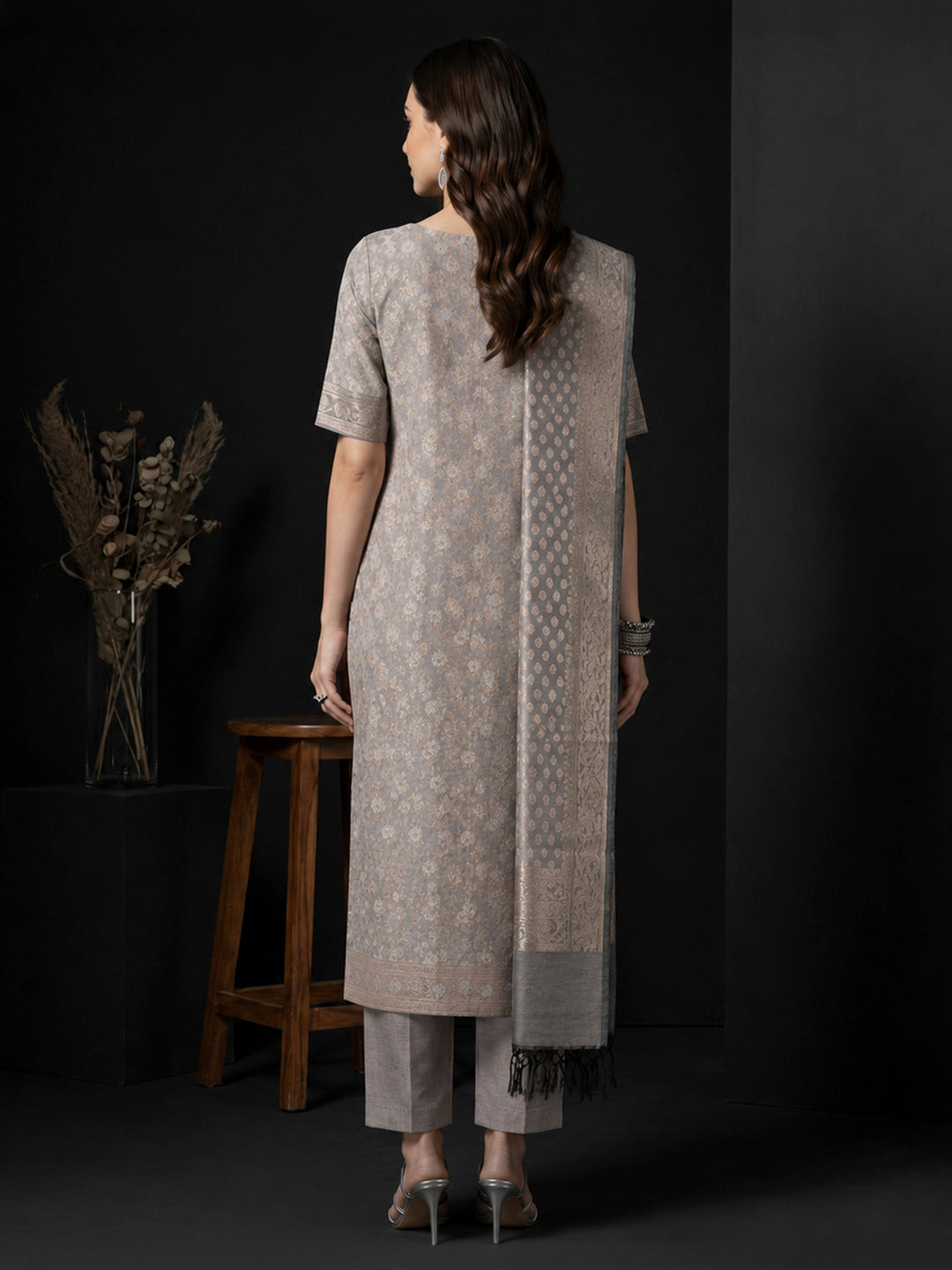 Grey Chanderi Woven Design Unstitched Dress Material