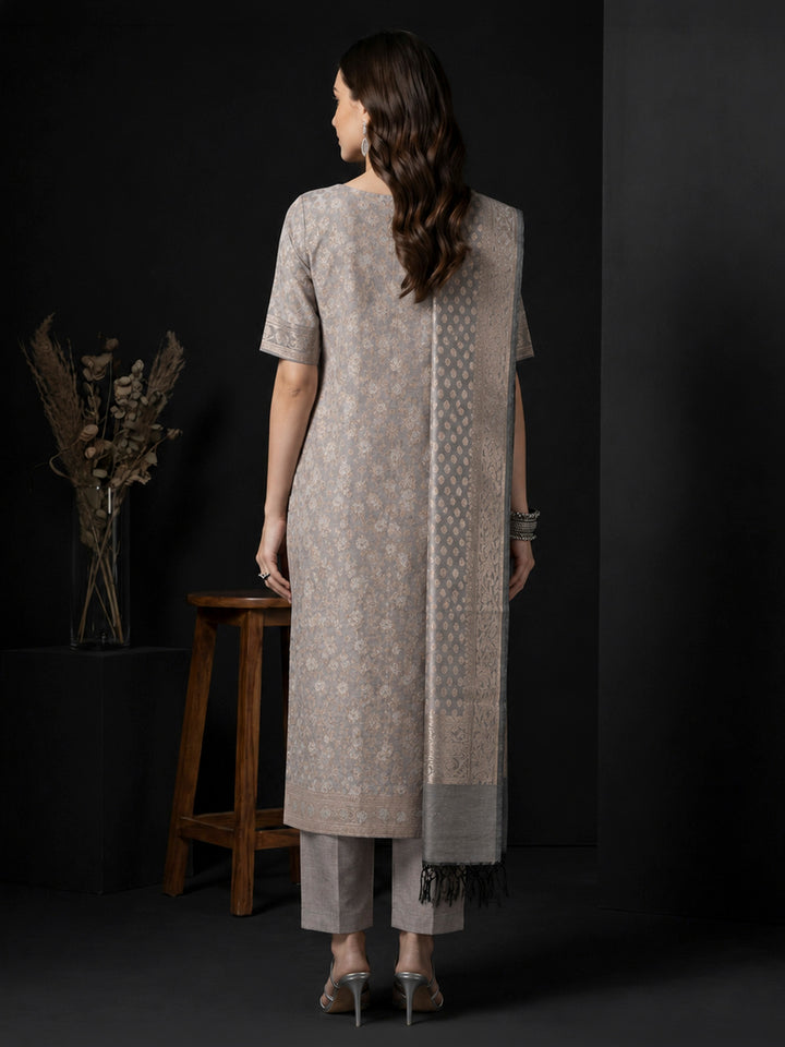 Grey Chanderi Woven Design Unstitched Dress Material