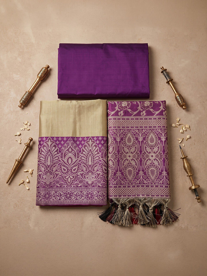 Beige-Purple Art Silk Woven Unstitched Dress Material
