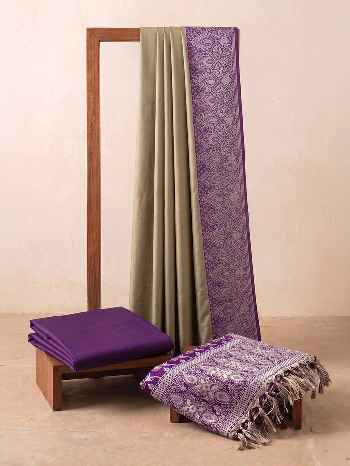 Beige-Purple Art Silk Woven Unstitched Dress Material