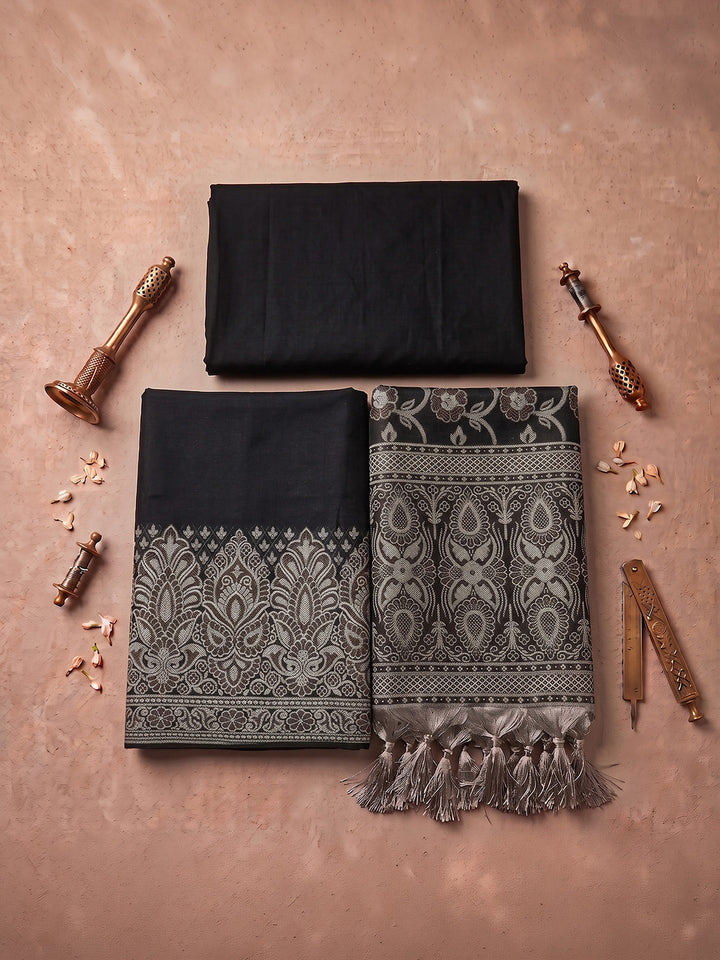 Black Art Silk Woven Unstitched Dress Material