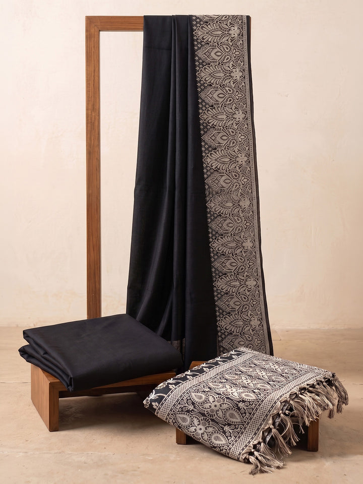 Black Art Silk Woven Unstitched Dress Material