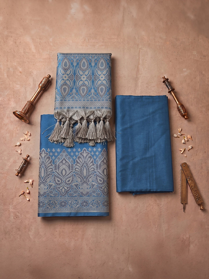 Blue Art Silk Woven Unstitched Dress Material