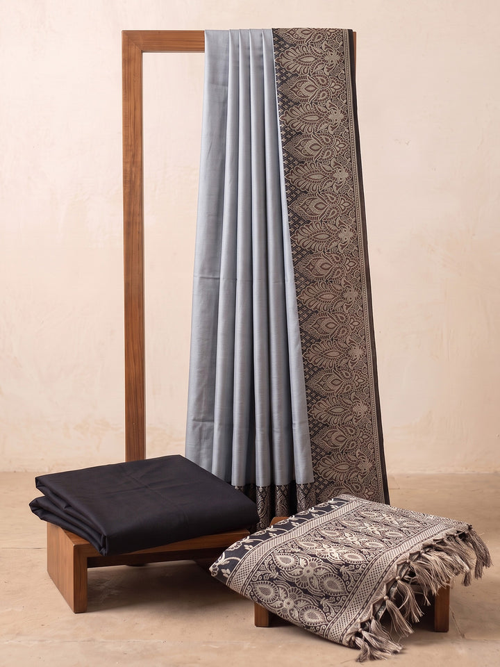 Grey-Black Art Silk Woven Unstitched Dress Material