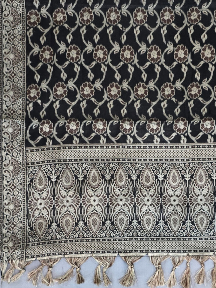 Grey-Black Art Silk Woven Unstitched Dress Material