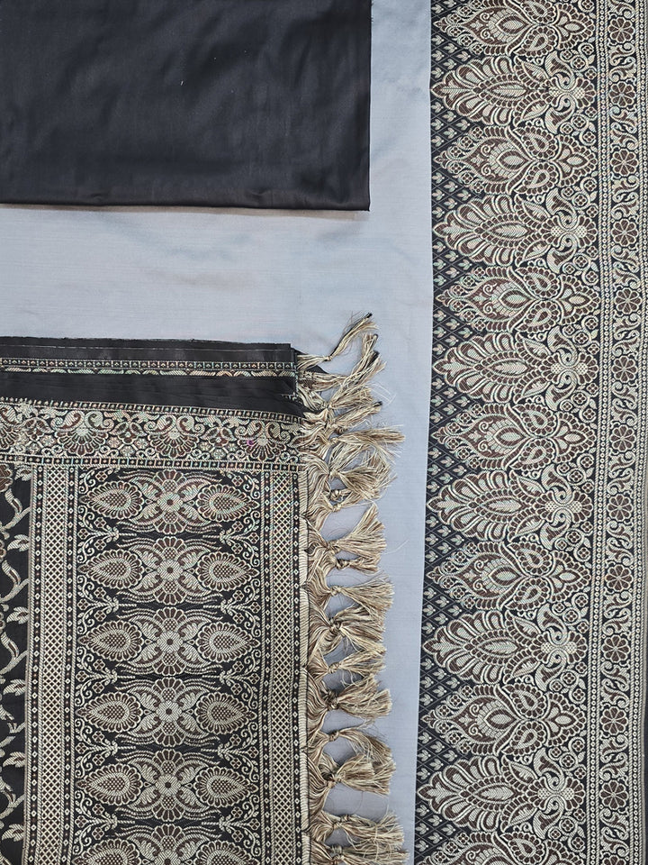 Grey-Black Art Silk Woven Unstitched Dress Material