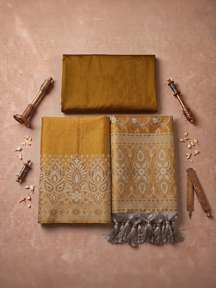 Mustard Art Silk Woven Unstitched Dress Material