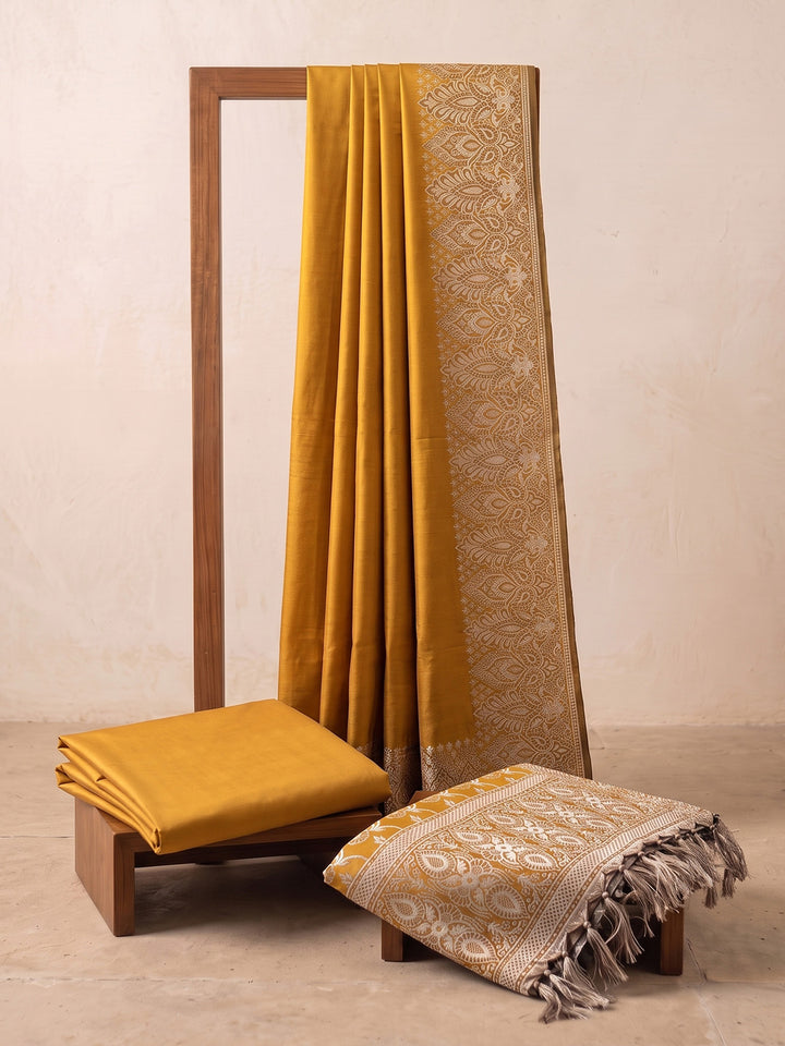 Mustard Art Silk Woven Unstitched Dress Material