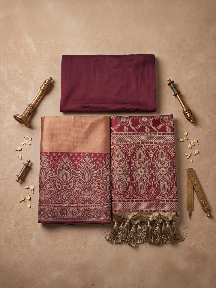 Peach-Red Art Silk Woven Unstitched Dress Material