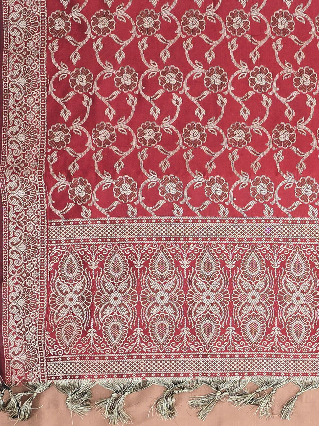 Peach-Red Art Silk Woven Unstitched Dress Material