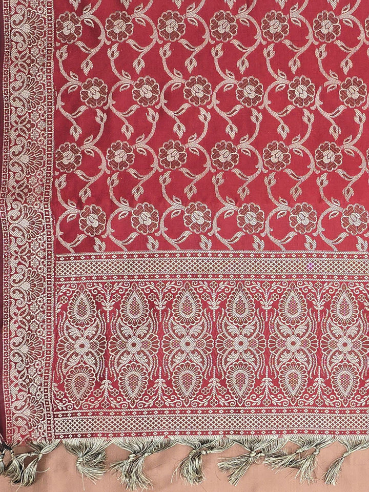 Peach-Red Art Silk Woven Unstitched Dress Material