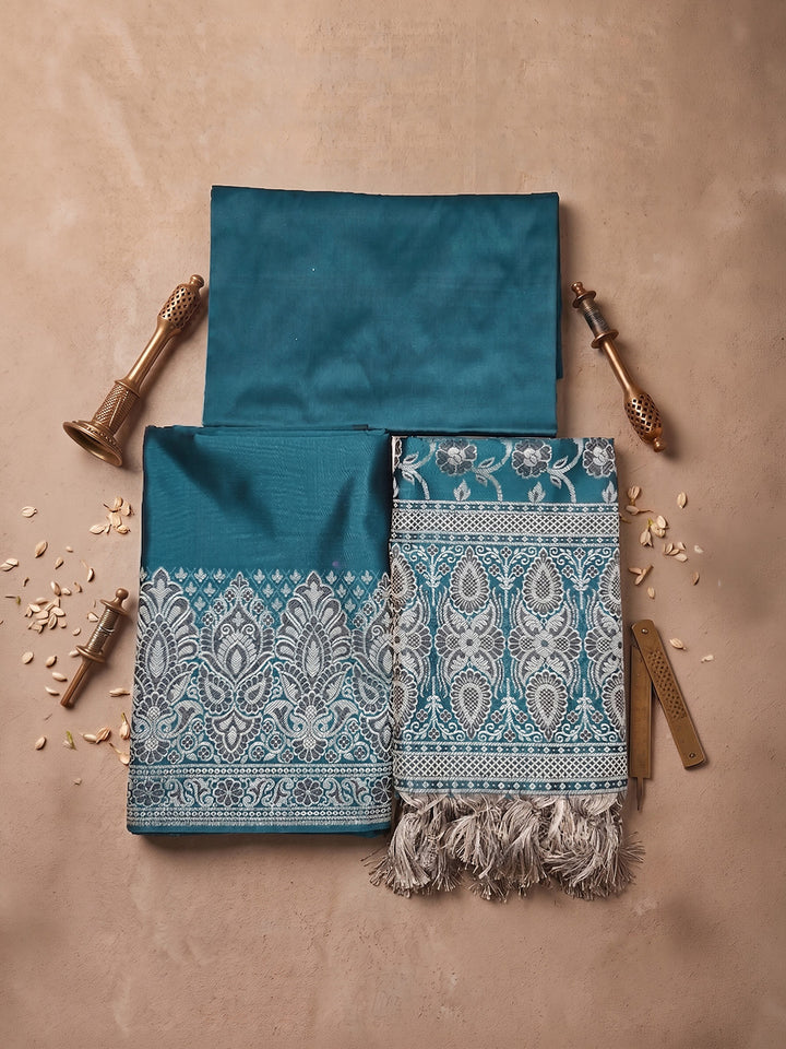 Peacock Blue Art Silk Woven Unstitched Dress Material