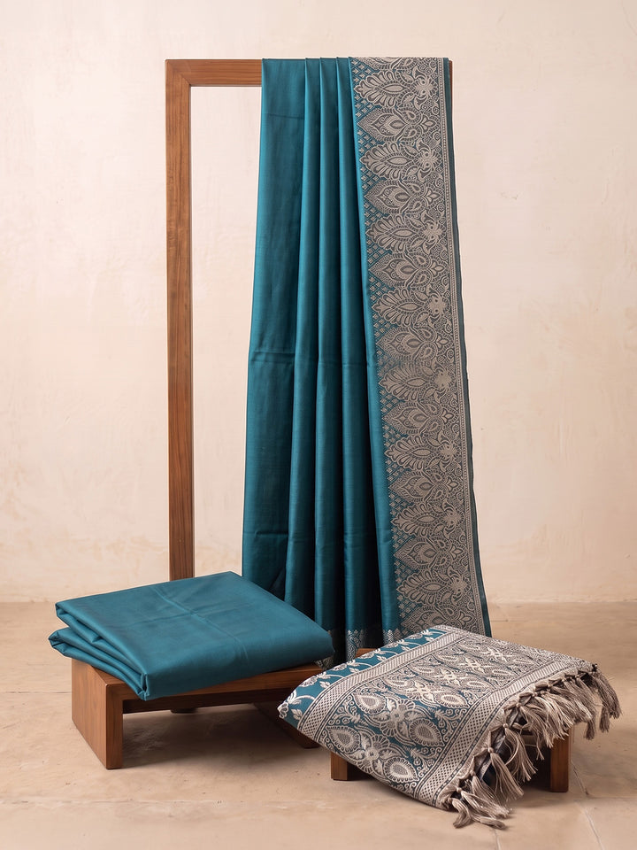 Peacock Blue Art Silk Woven Unstitched Dress Material