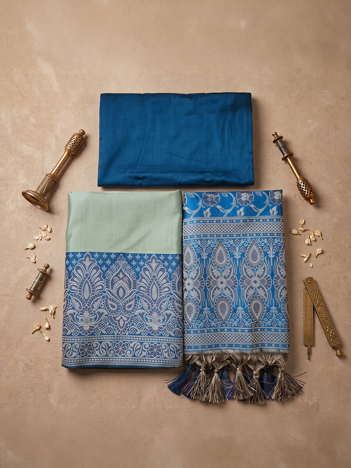 Pista Green-Blue Art Silk Woven Unstitched Dress Material