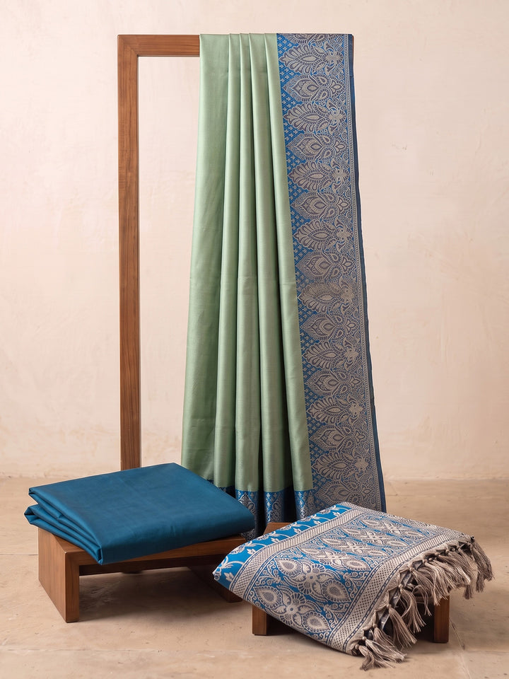 Pista Green-Blue Art Silk Woven Unstitched Dress Material