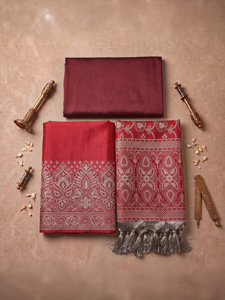 Red Art Silk Woven Unstitched Dress Material