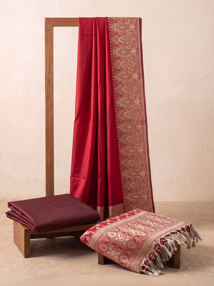 Red Art Silk Woven Unstitched Dress Material