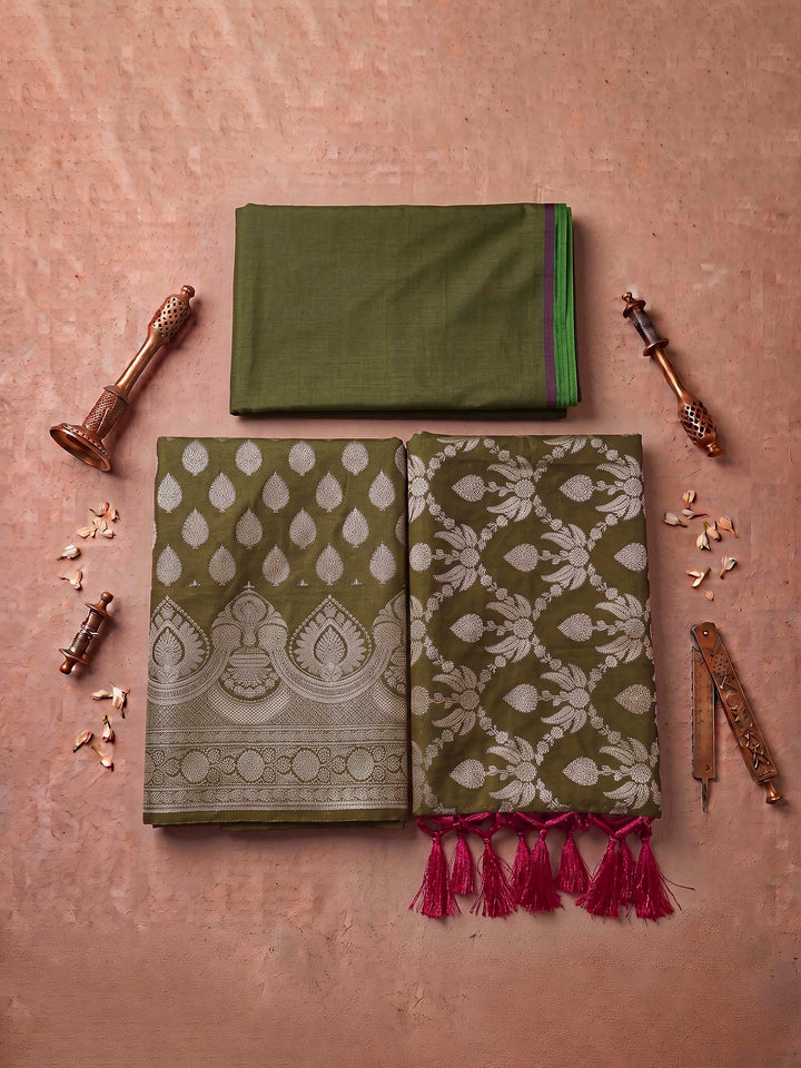 Mehndi Art Silk Woven Design Unstitched Dress Material