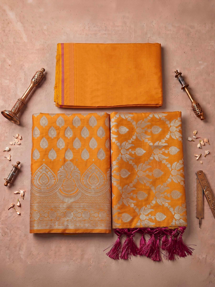 Mustard Art Silk Woven Design Unstitched Dress Material