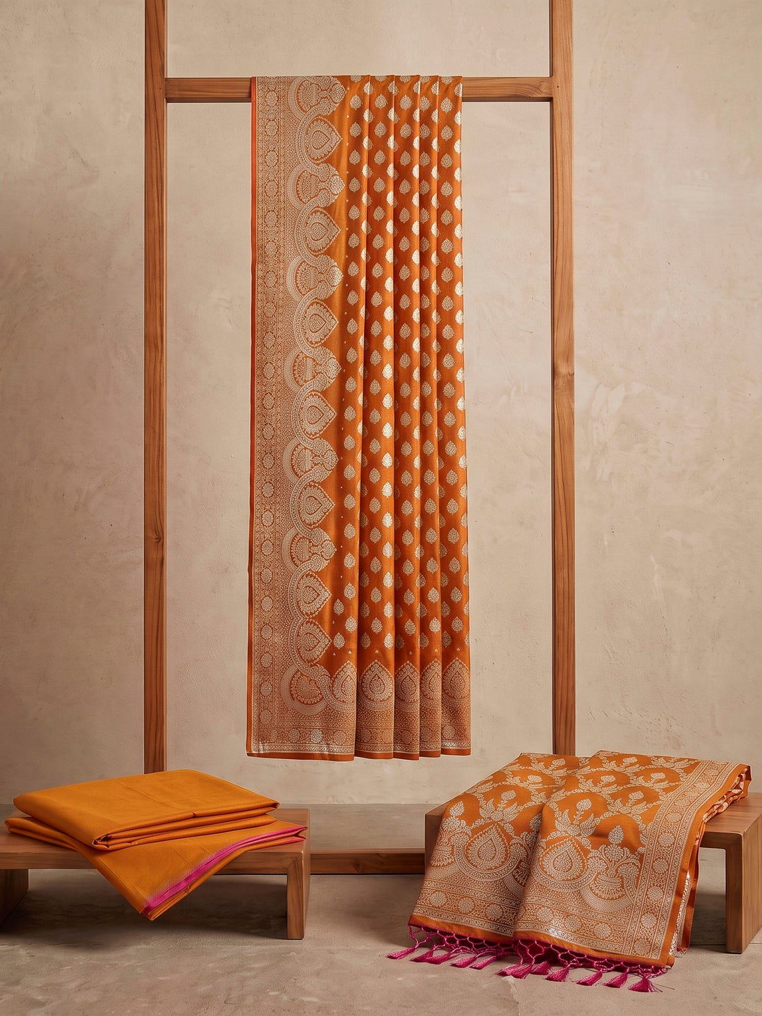 Mustard Art Silk Woven Design Unstitched Dress Material