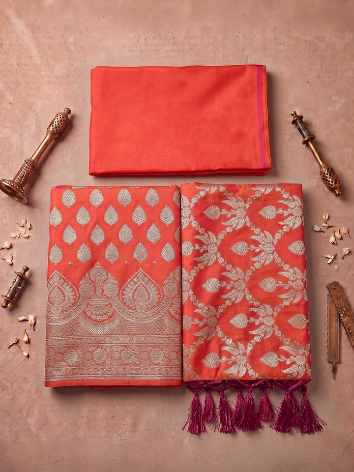 Orange Art Silk Woven Design Unstitched Dress Material
