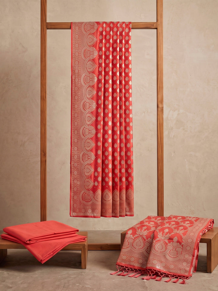 Orange Art Silk Woven Design Unstitched Dress Material