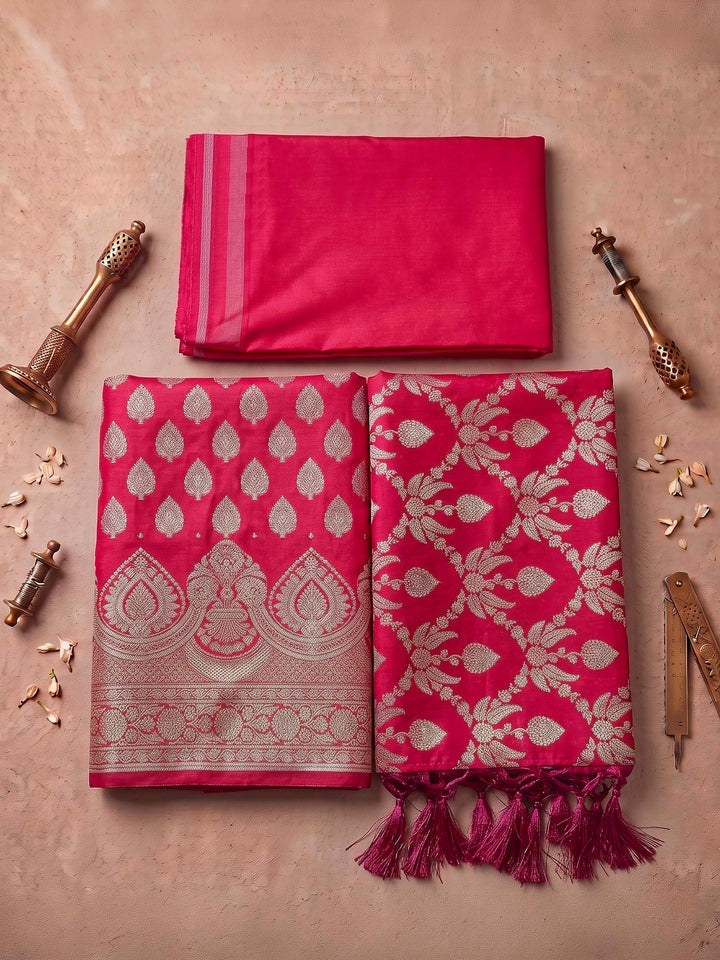 Red Art Silk Woven Design Unstitched Dress Material