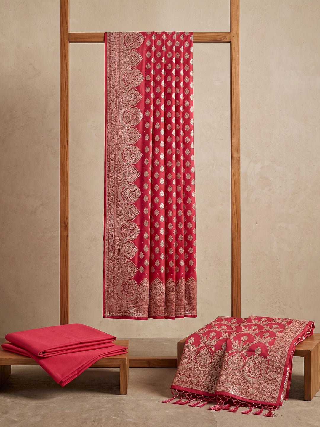 Red Art Silk Woven Design Unstitched Dress Material