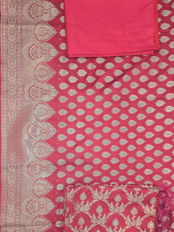 Red Art Silk Woven Design Unstitched Dress Material