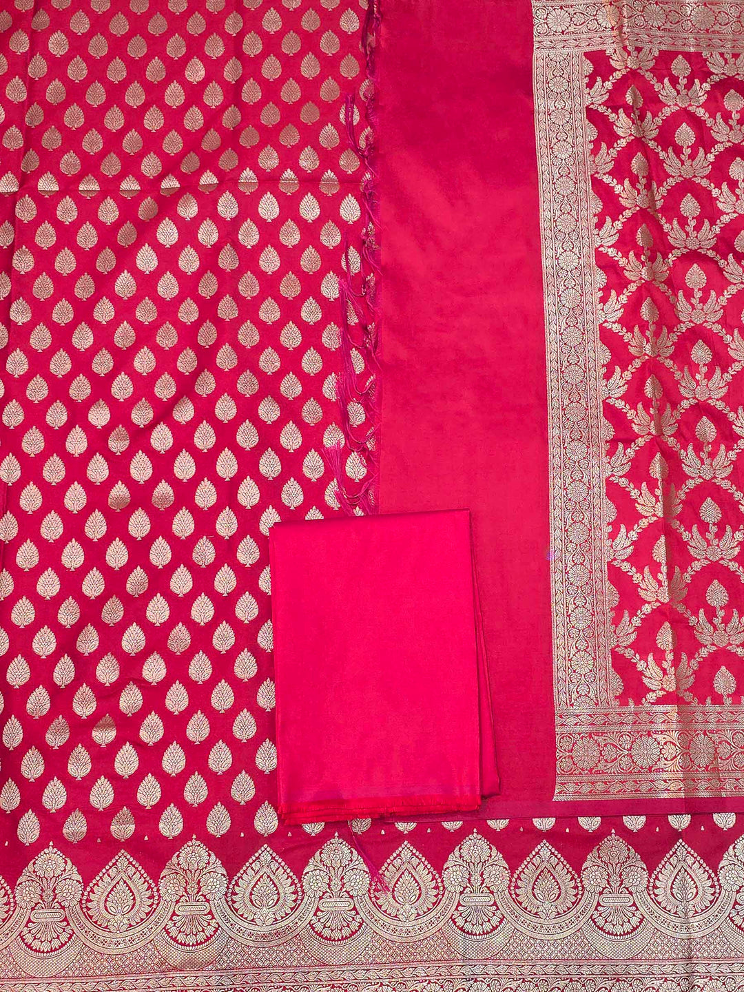 Red Art Silk Woven Design Unstitched Dress Material