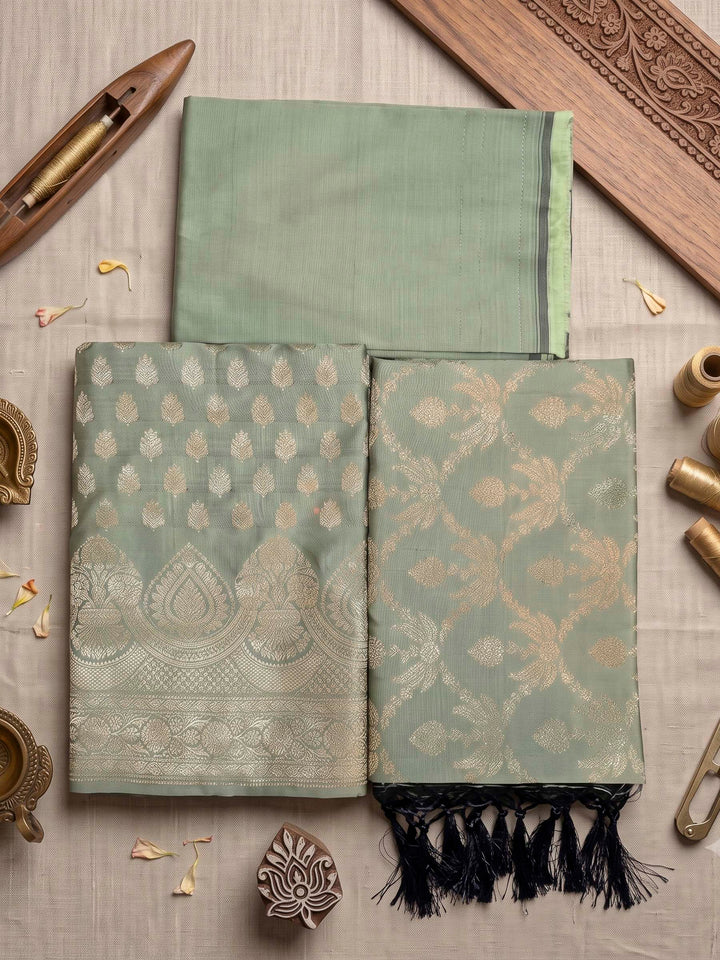 Dusty-Green Art Silk Woven Design Unstitched Dress Material