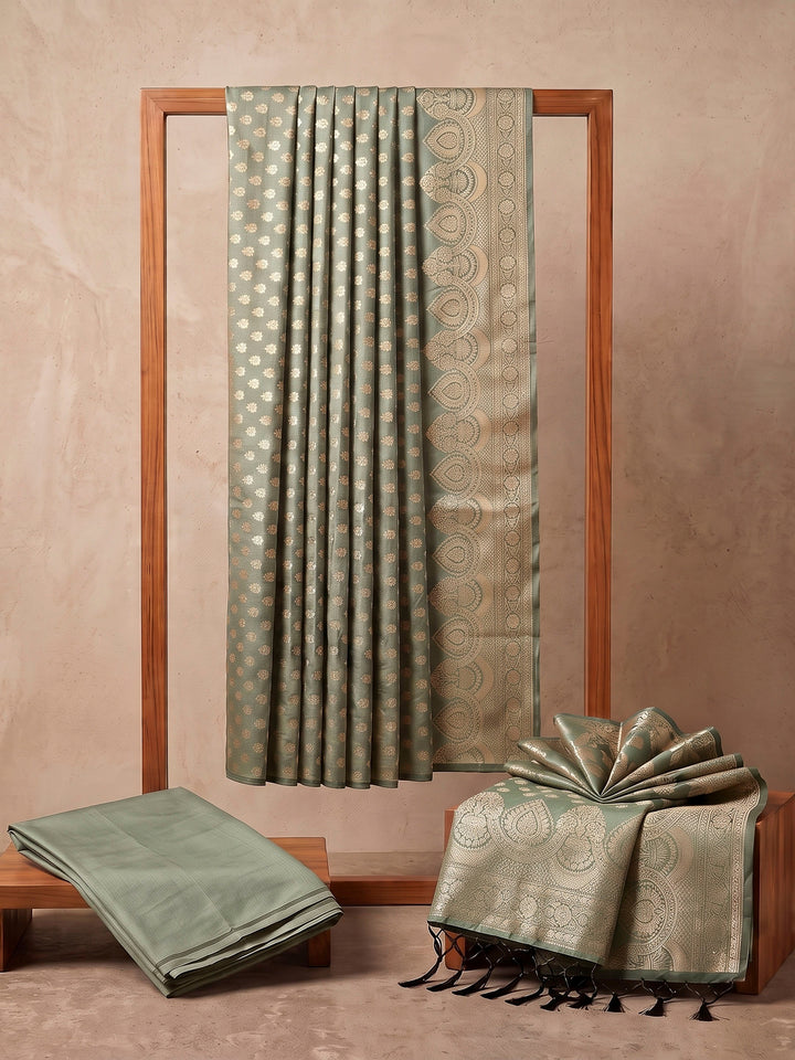 Dusty-Green Art Silk Woven Design Unstitched Dress Material