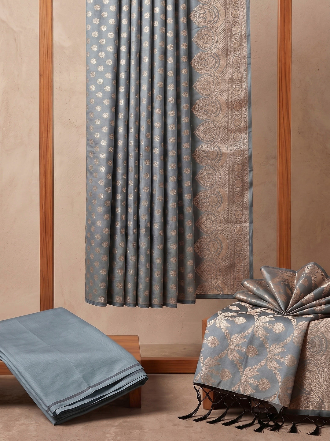 Grey-Blue Art Silk Woven Design Unstitched Dress Material