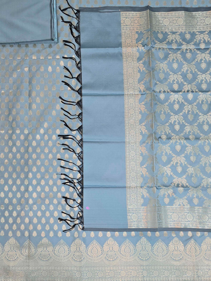 Grey-Blue Art Silk Woven Design Unstitched Dress Material