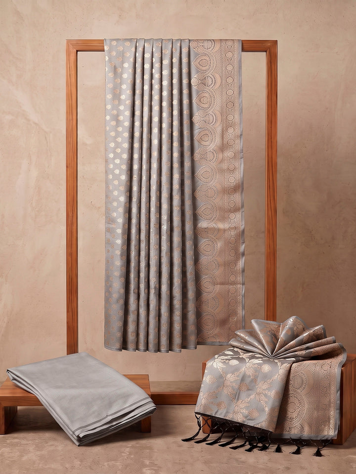 Silver Art Silk Woven Design Unstitched Dress Material