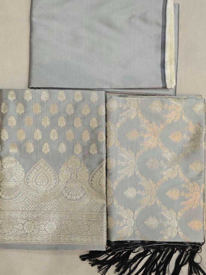 Silver Art Silk Woven Design Unstitched Dress Material