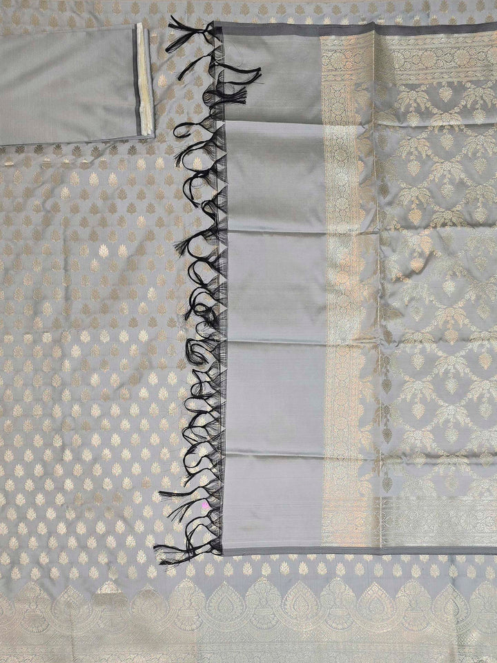 Silver Art Silk Woven Design Unstitched Dress Material