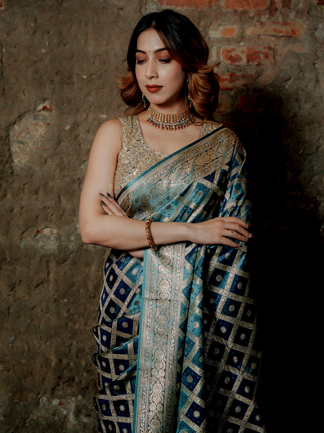 Sky-Blue-Grey Woven Design Satin Saree