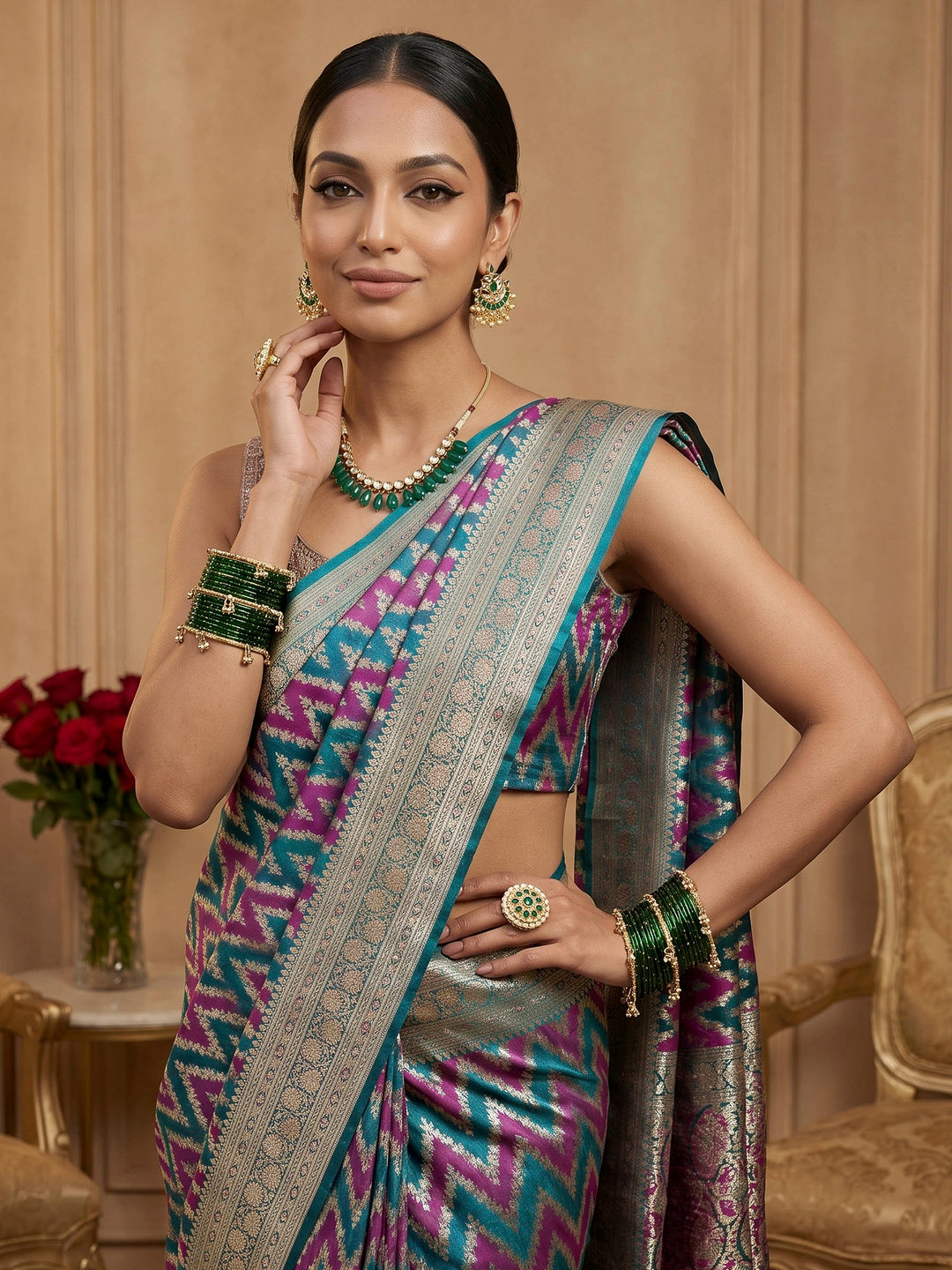 Rama Green Woven Design Satin Saree