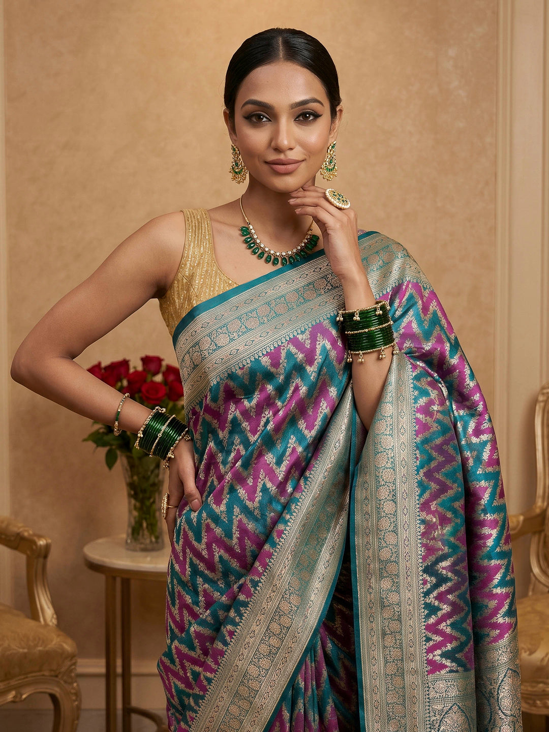 Rama Green Woven Design Satin Saree