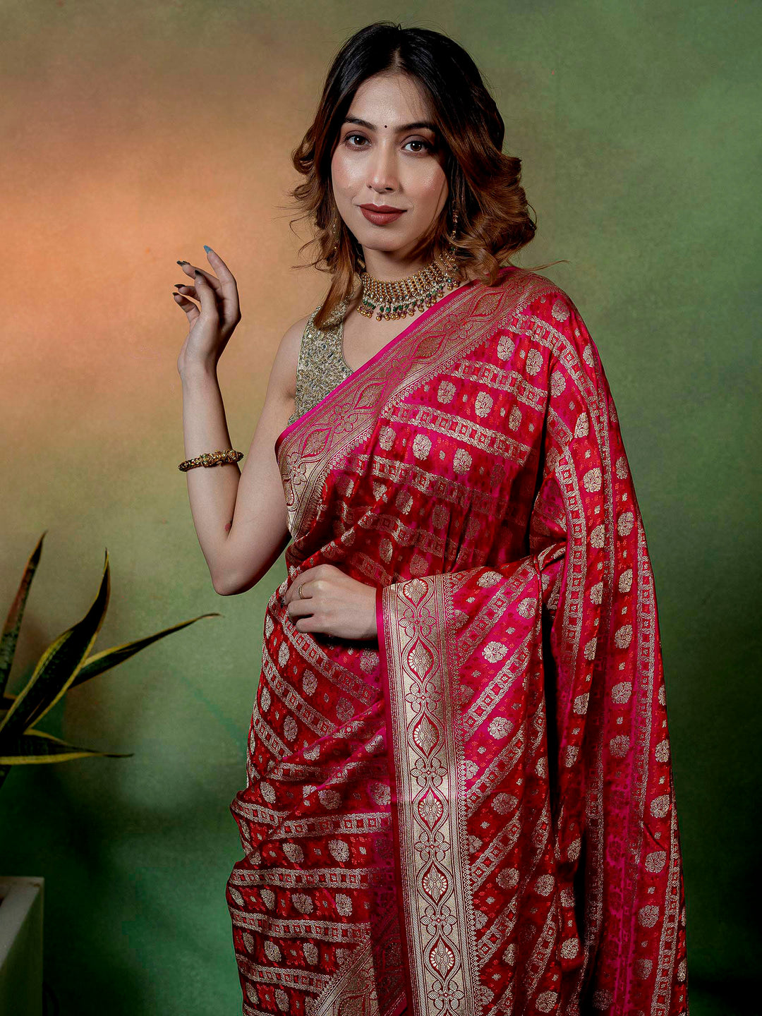 Pink Woven Design Satin Saree