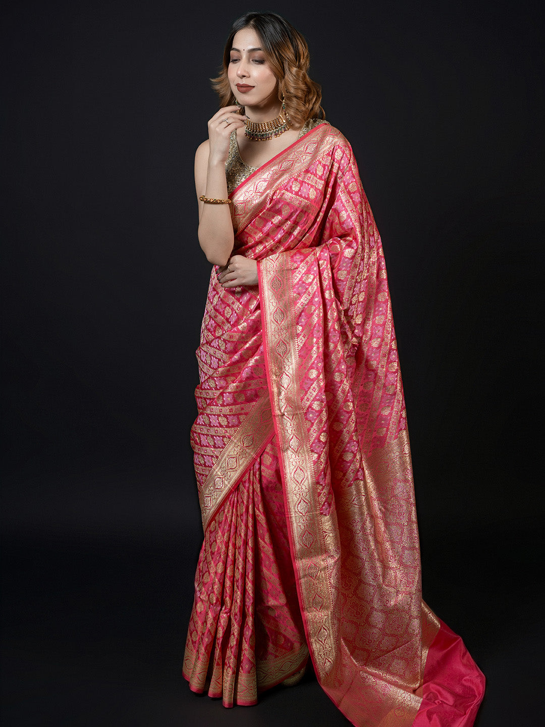 Pink Woven Design Satin Saree