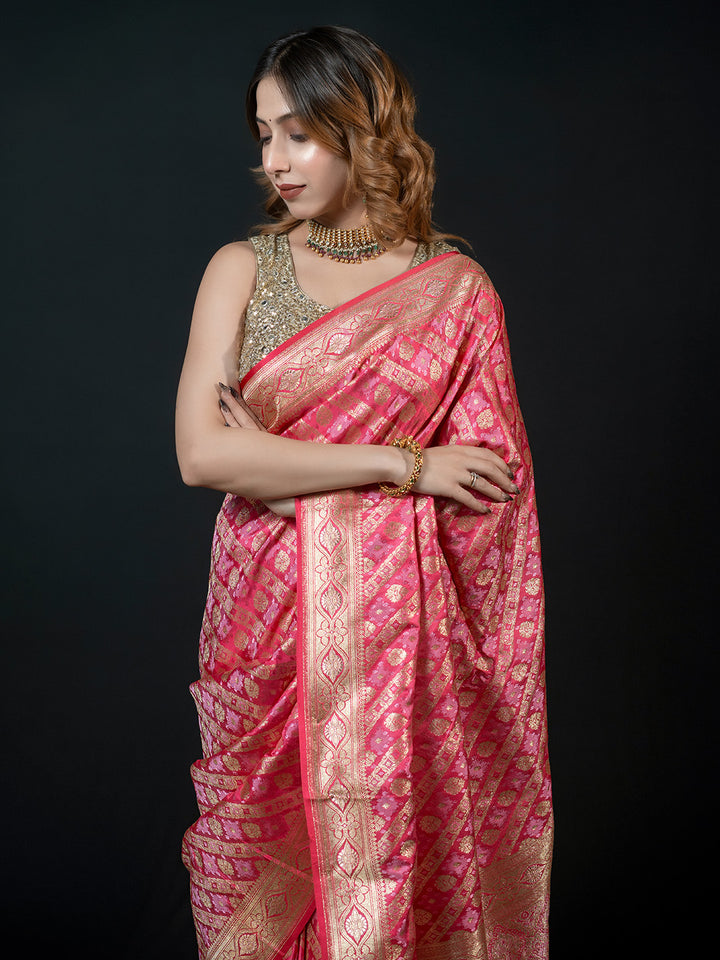 Pink Woven Design Satin Saree