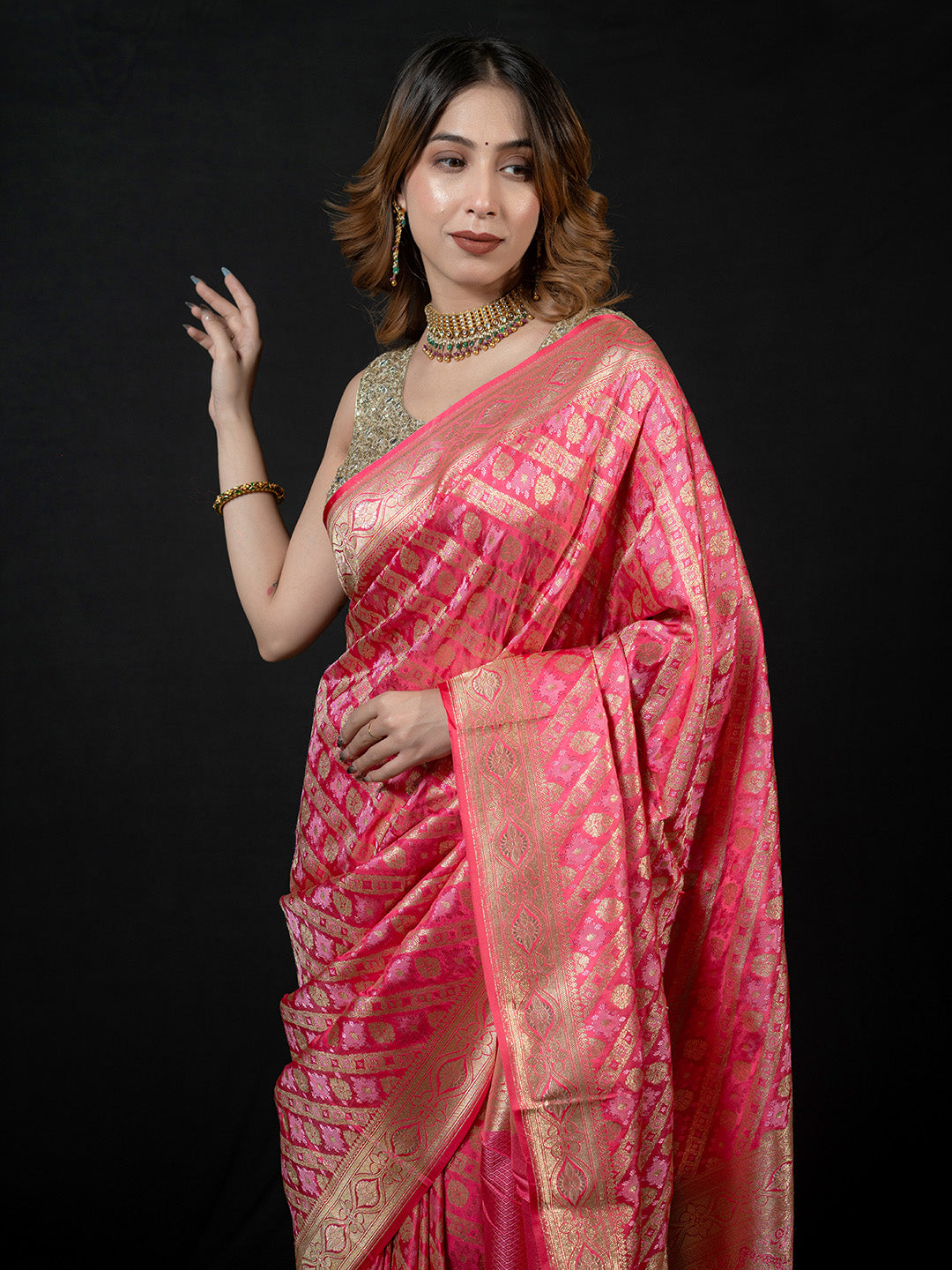 Pink Woven Design Satin Saree