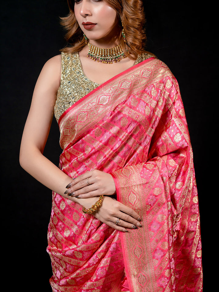 Pink Woven Design Satin Saree